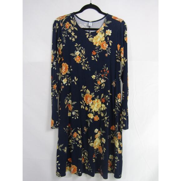 VTG Old Navy Blue Floral Dress sz MT Midi Boho Rayon Cottagecore 90s Y2K Cozy - Picture 1 of 5